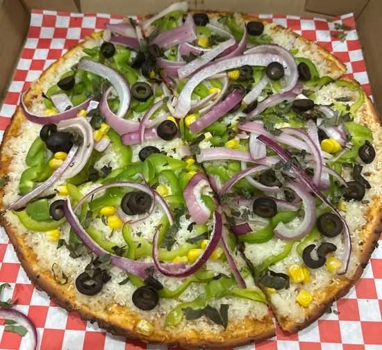 Gluten Free Crust Coconut Vegan Pizza.